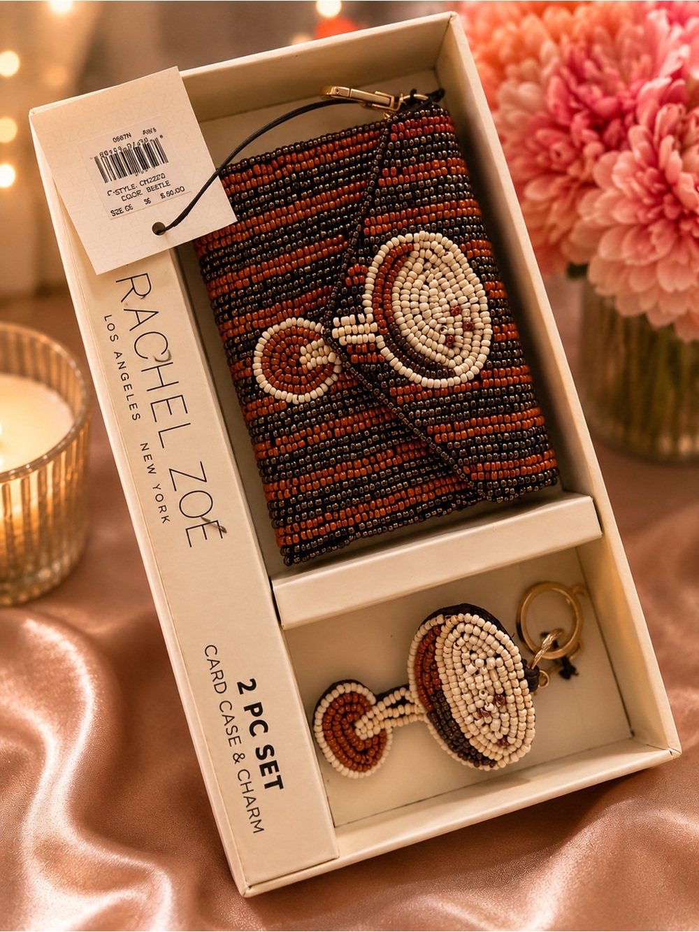 Rachel Zoe Brown Multi Beaded Card Case & Charm Set